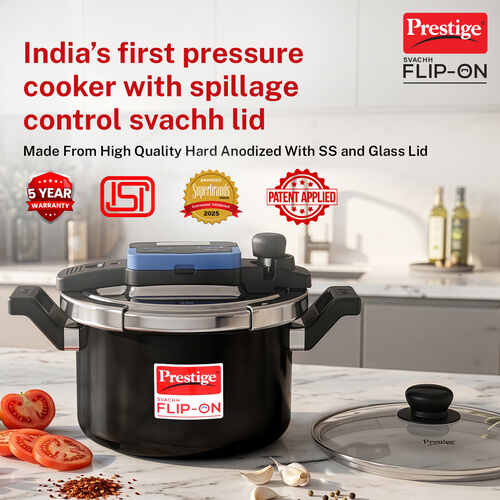 SKU 20161 Prestige Svachh Flip-on Hard Anodised Gas and Induction Compatible Pressure Cooker with Glass Lid, 5 Litre (Black) - Alternate View